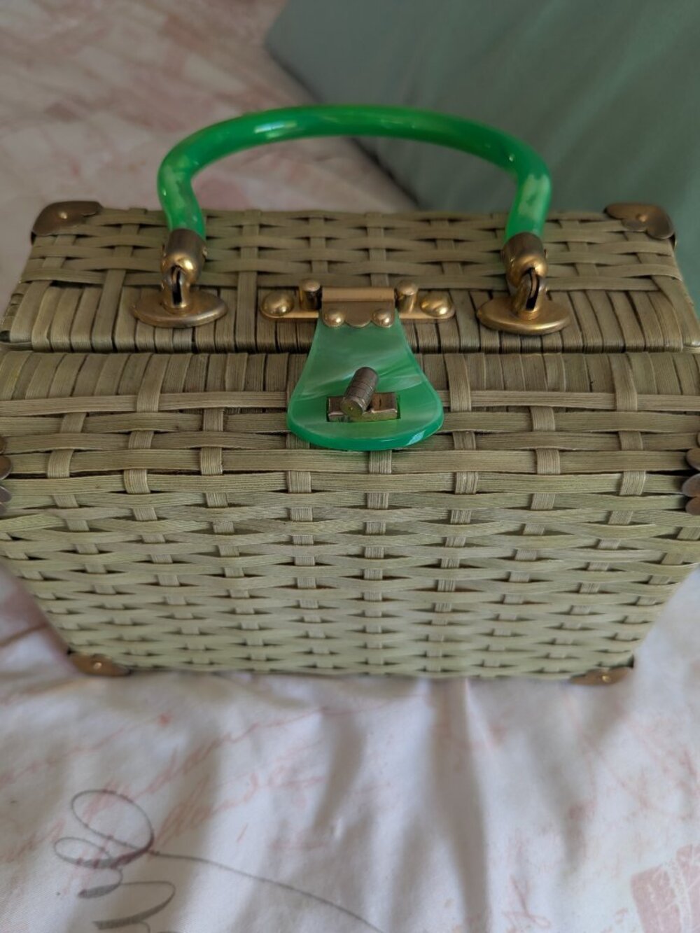 Vintage Stylecraft Box Purse Lucite latch And Handle 1950's-60's Moss Green - Picture 9 of 11